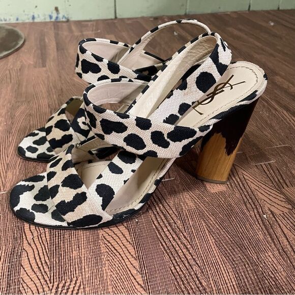 Yves Saint Laurent Heeled‎ Sandals Size 39.5 Leopard Print Canvas Wood Heel - Picture 1 of 10